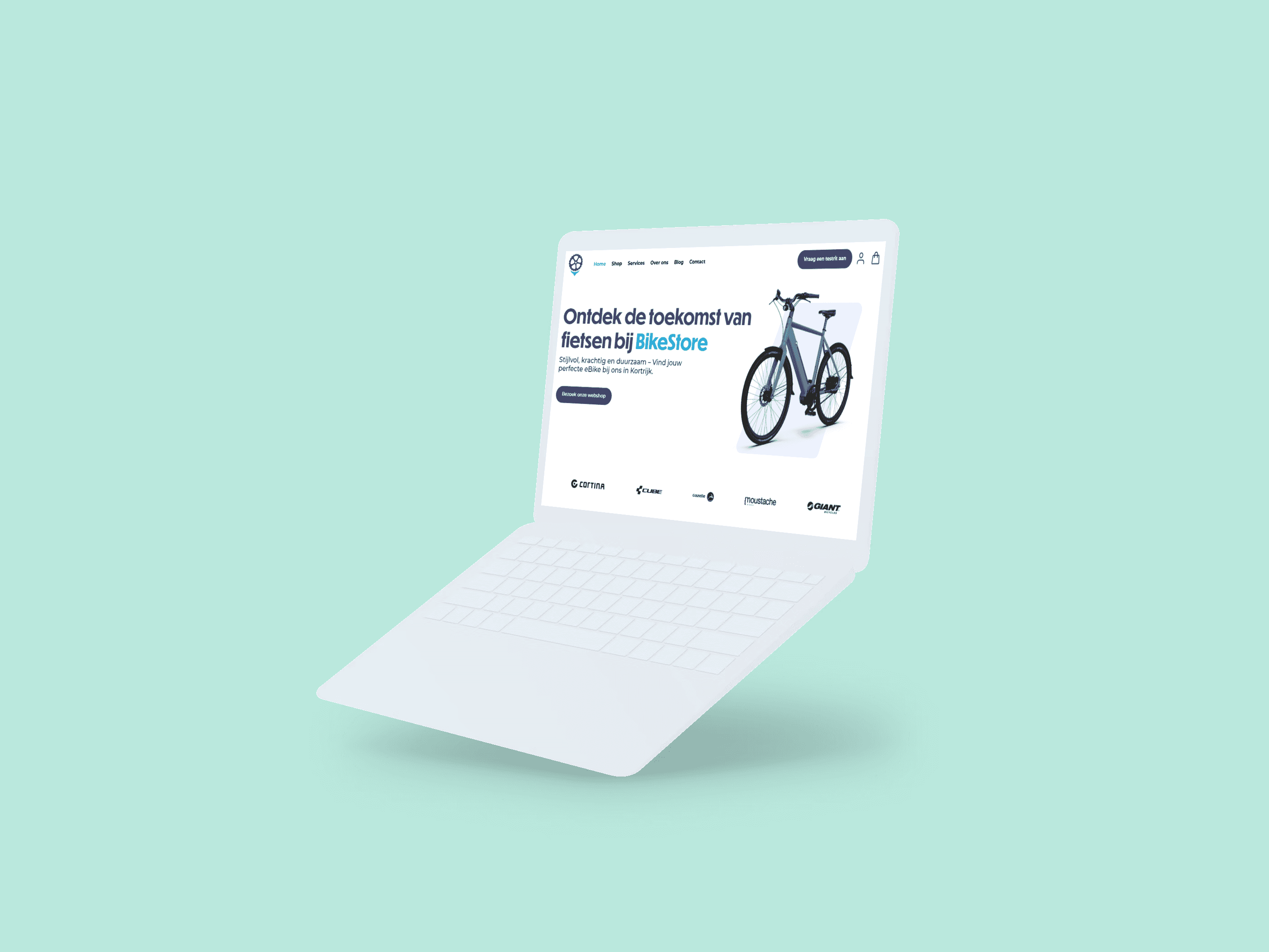 White laptop showcasing a bicycle sales website on a pale green background.
