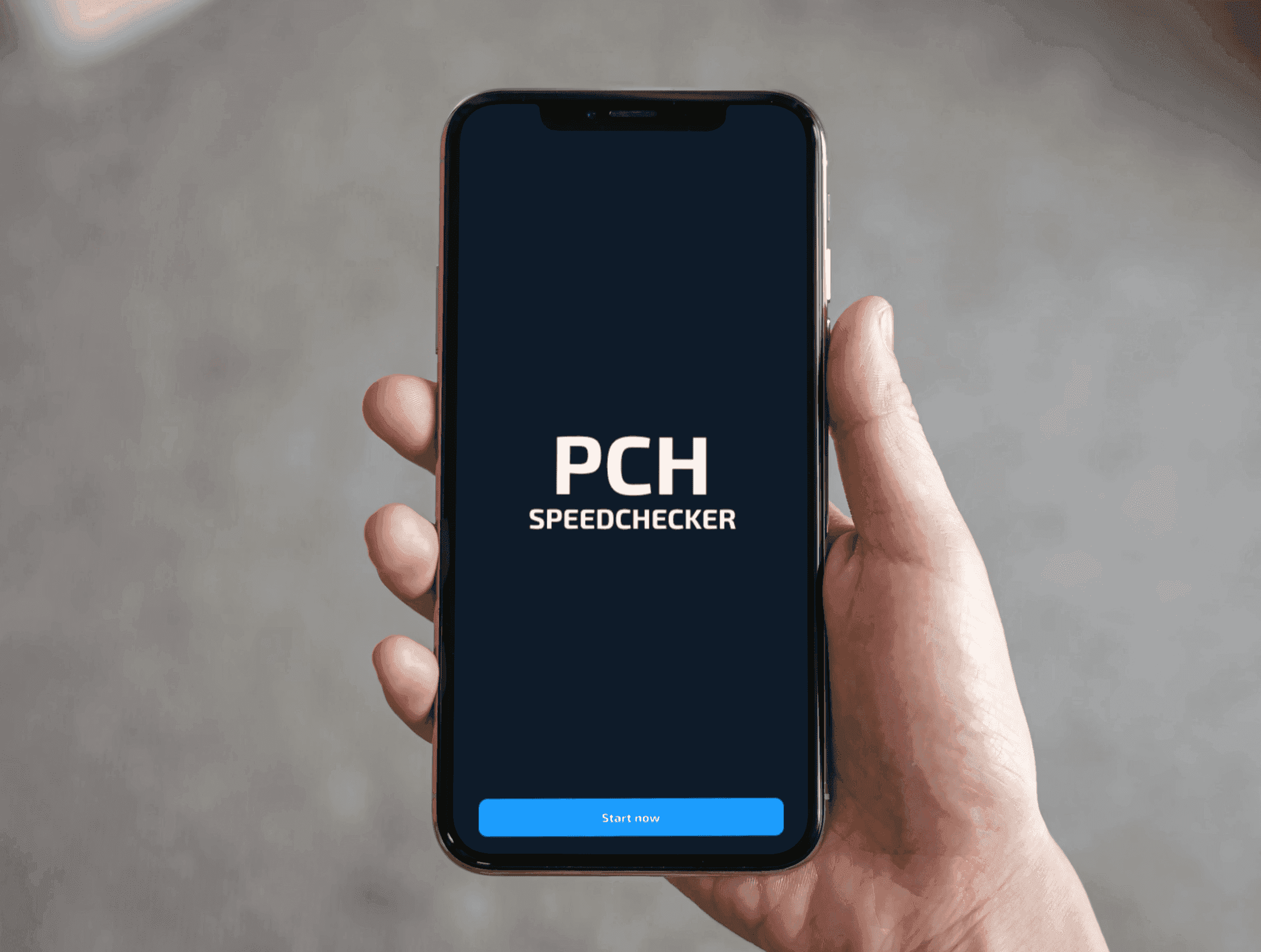 A hand holding a smartphone displaying the PCH Speedchecker app with a 'Start scan' button.