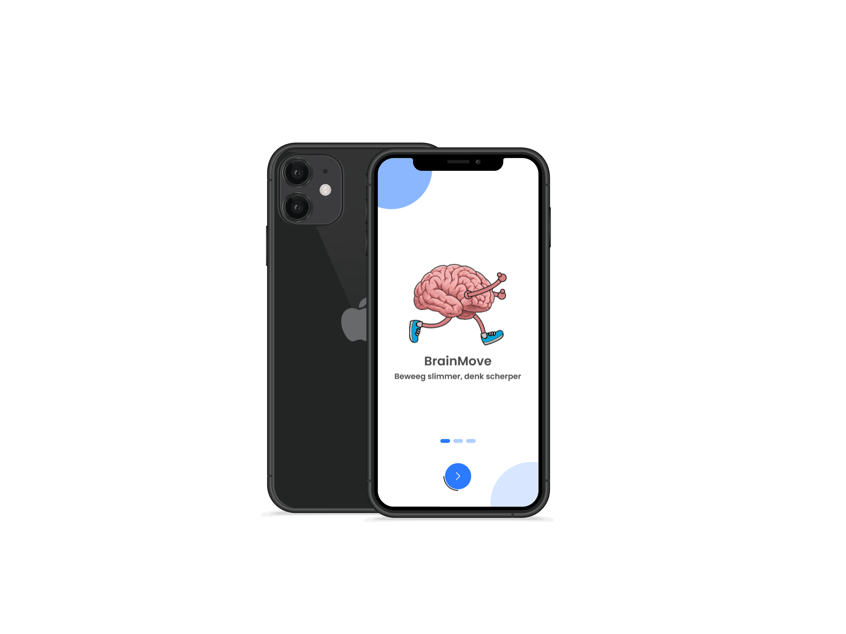Black iPhone displaying 'BrainBoost' app with a running cartoon brain.