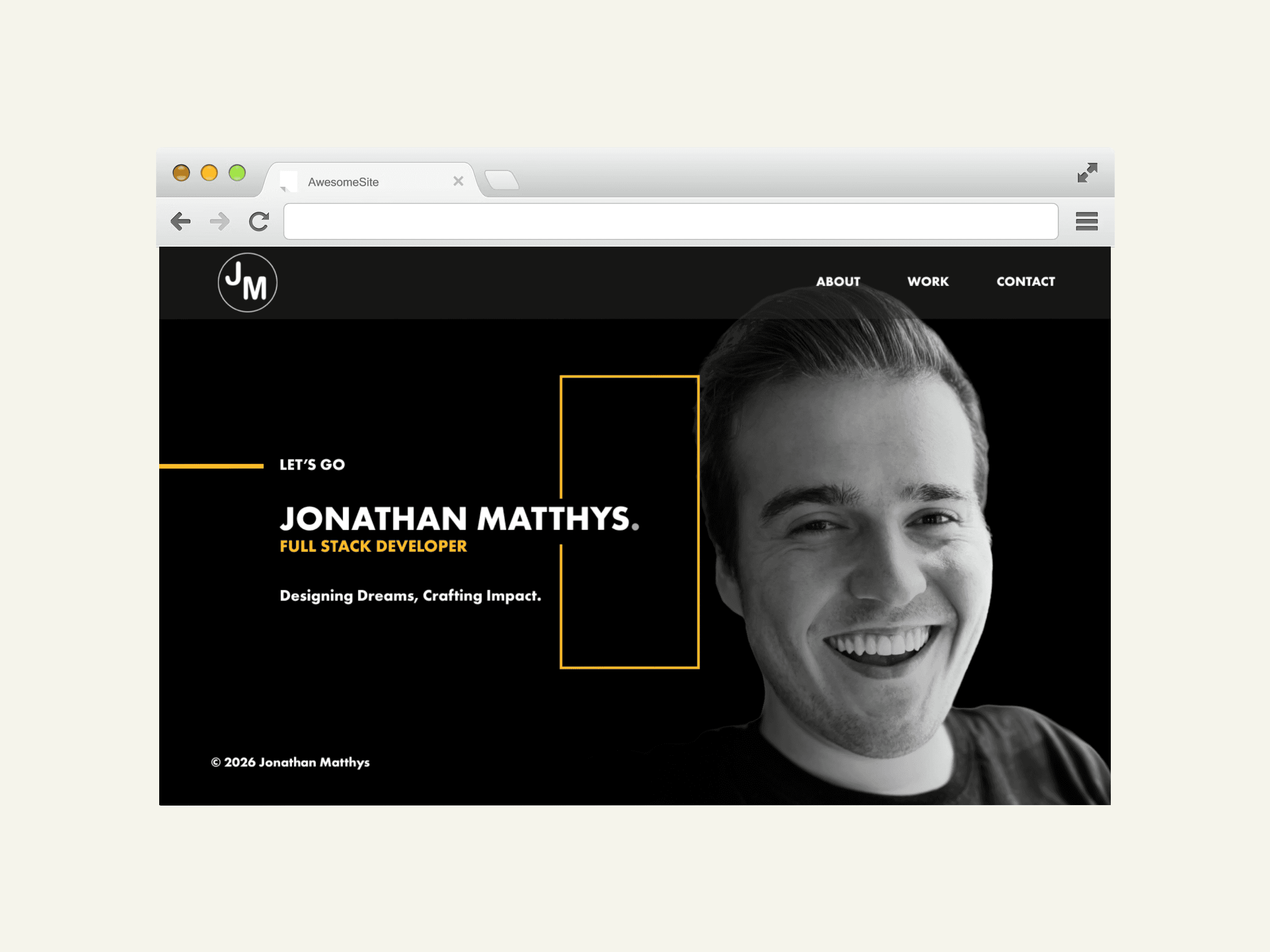 Jonathan Matthys's black and white portfolio website featuring his photo and developer title.